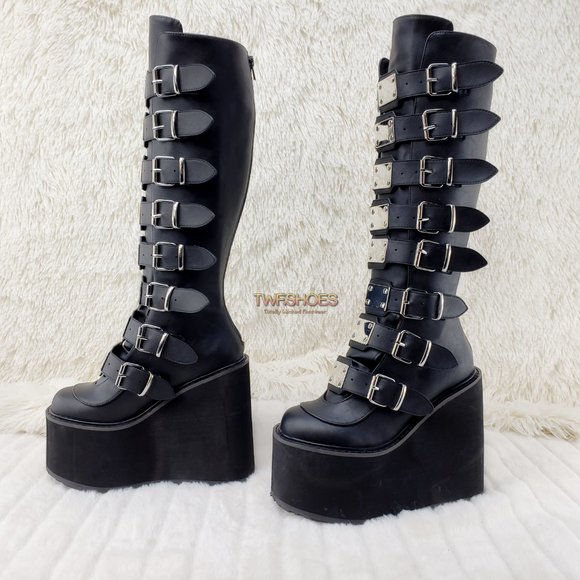 Demonia Shoes - Wide Calf Trinity Swing Black Goth Platform Wedge Knee Boots